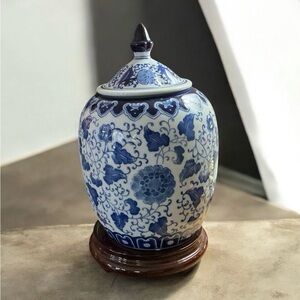 Classic Blue and White Floral Ceramic Jar 13.5” Chinoiserie Jar